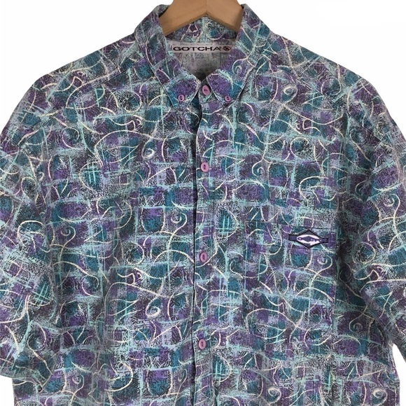 VINTAGE Gotcha Shirt Button Up 80s 90s Skate Surf Retro Tie Dye Geo Size Medium - Picture 2 of 7